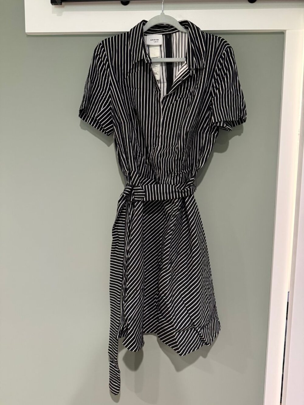 Akris Punto Black White Striped Shirt Dress Tie Belt 14